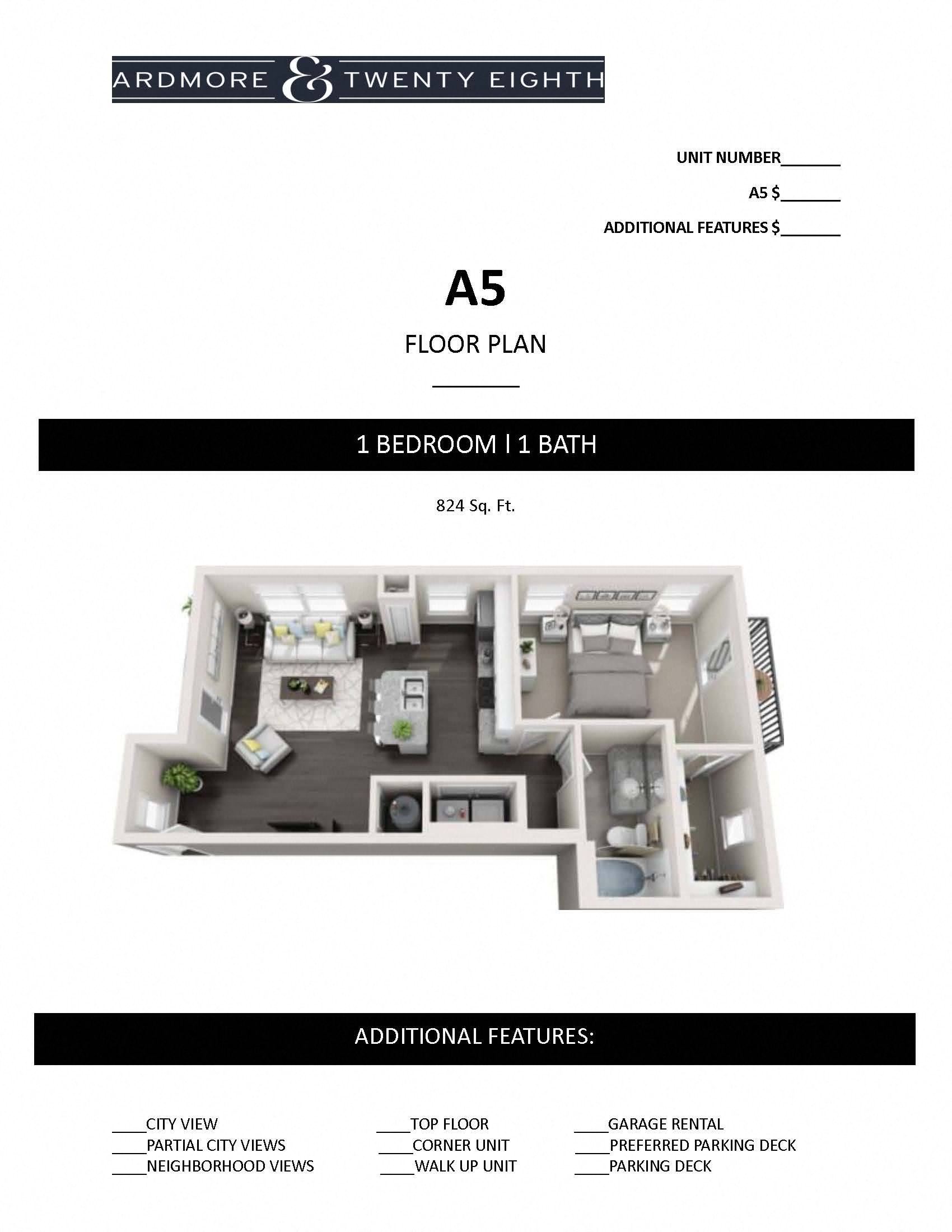 A floor plan for a 1 bedroom 1 bath apartment at Ardmore & Twenty Eighth.