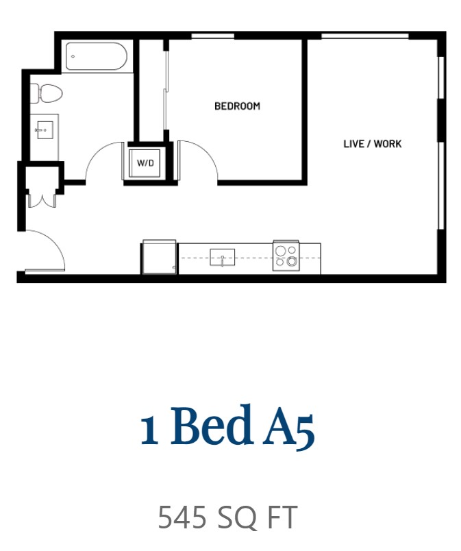 A floor plan for a 1 Bedroom apartment sized at 545 square feet.