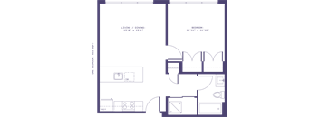A floor plan of a living and dining area with a kitchen and a bathroom.