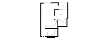 A floor plan of a house with a living/dining area, kitchen, bathroom, and bedroom.