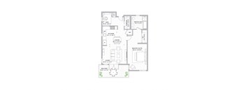 A floor plan of a house with a living room, kitchen, and two bathrooms.