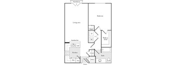 A floor plan of a home showing a living area, kitchen, and bedroom.
