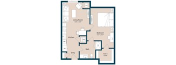 A floor plan of a small apartment with a living room, kitchen, entry, bath, and bedroom.