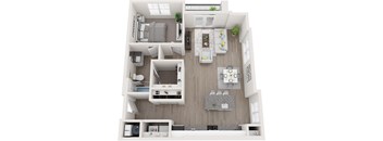 A top-down view of a small apartment with a kitchen, living room, and bedroom.