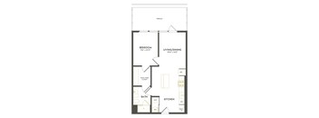 A floor plan of a small apartment with a bedroom, bathroom, kitchen, and living/dining area.