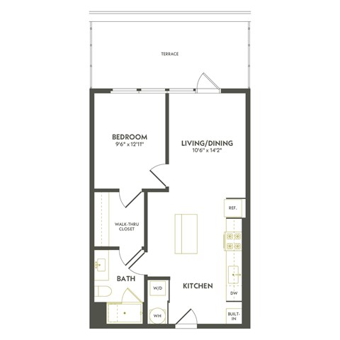 A floor plan of a small apartment with a bedroom, bathroom, kitchen, and living/dining area.