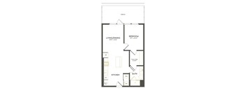 A floor plan of a small apartment with a living/dining area, kitchen, bathroom, and bedroom.