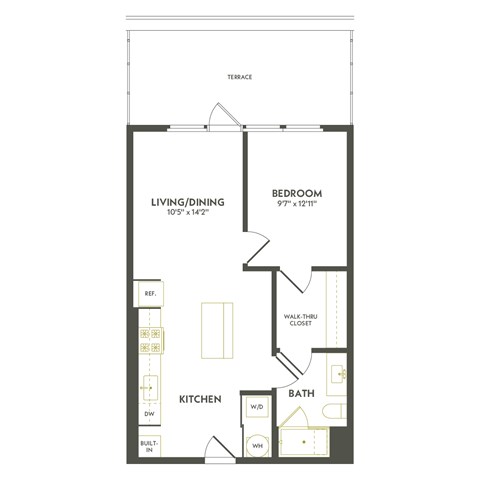 A floor plan of a small apartment with a living/dining area, kitchen, bathroom, and bedroom.