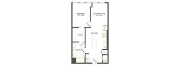 A floor plan of a home with a bedroom, living/dining area, kitchen, and bathroom.