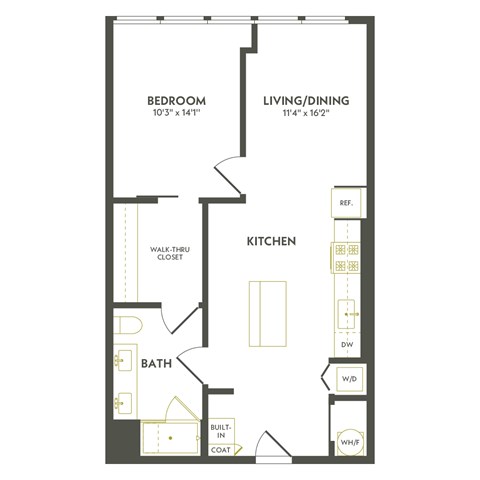 A floor plan of a home with a bedroom, living/dining area, kitchen, and bathroom.