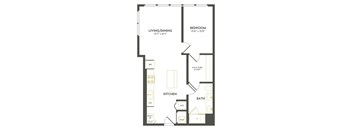 A floor plan of a home with a living/dining area, kitchen, bathroom, and bedroom.