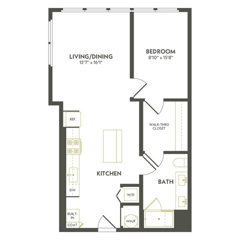 A floor plan of a home with a living/dining area, kitchen, bathroom, and bedroom.