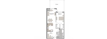 A floor plan of a house with a terrace, living room, dining room, kitchen, two bedrooms and a den.