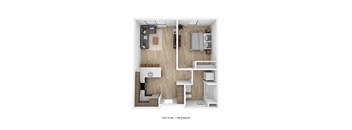 a stylized floor plan with a bedroom and a living room