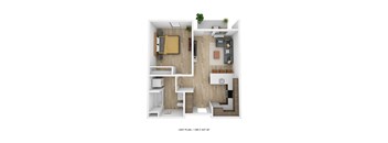 a stylized floor plan with a bedroom and a living room