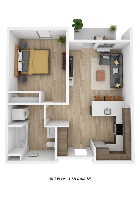 a stylized floor plan with a bedroom and a living room