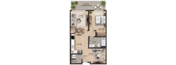 A floor plan of a private outdoor space with a living room, dining room, kitchen, bathroom, bedroom, office, and a private outdoor space.
