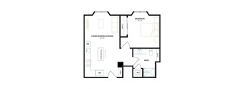 a floor plan of an apartment with a bedroom and a living room