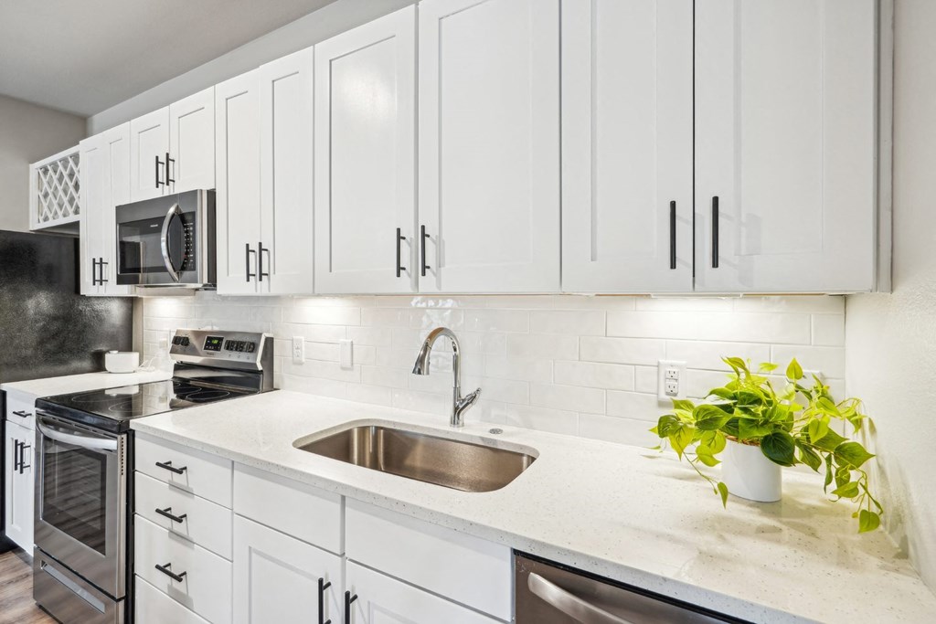 a kitchen with white cabinets and a sink