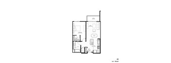 A black and white drawing of a floor plan labeled A6 1x1-769 SF.
