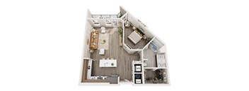 A floor plan of a small apartment with a kitchen, living room, and bathroom.