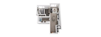 A top down view of a small apartment with a kitchen, living room and bathroom.