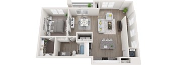 A 3D floor plan of a small apartment with a kitchen, living room, and bathroom.