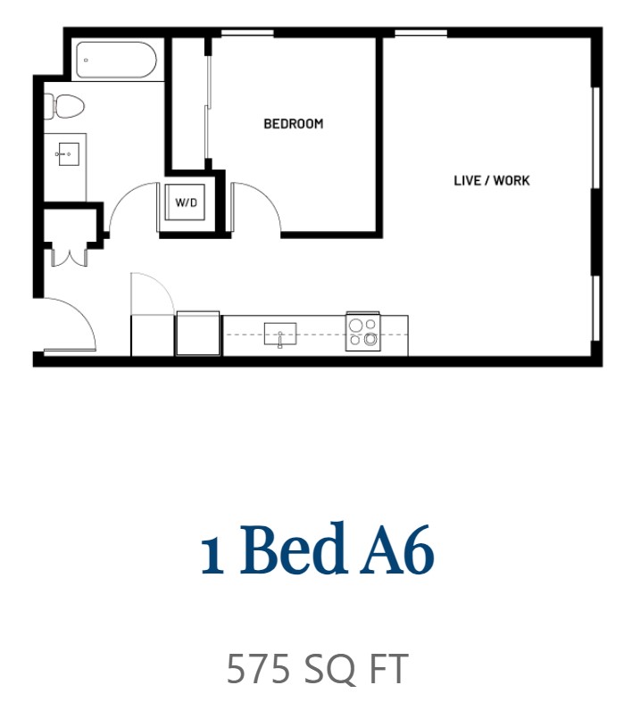 A black and white image of a 1 Bedroom apartment sized at 575 square feet.