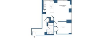 A floor plan of a living area with a primary bedroom and a living/dining room.
