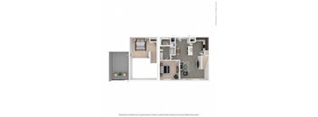 A floor plan of a two-bedroom apartment with a kitchen and living room.