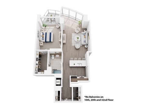 A floor plan of an apartment with a note that there are no balconies on the 10th, 20th, and 32nd floors.