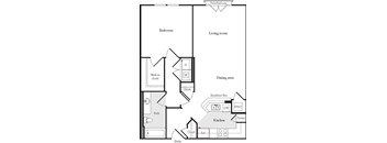 A floor plan of a house with a bedroom, living room, dining area, kitchen, pantry, bathroom, and entry.