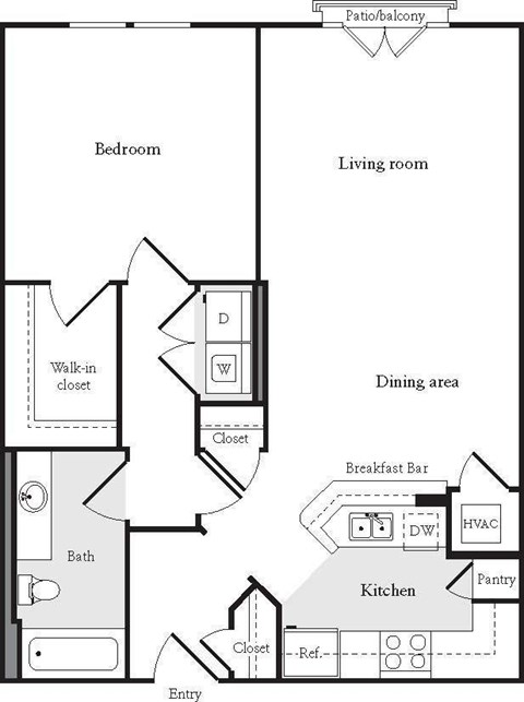 A floor plan of a house with a bedroom, living room, dining area, kitchen, pantry, bathroom, and entry.