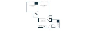 A floor plan of a living space with a primary bedroom and a living/dining room.