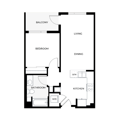 A floor plan of a house with a balcony, living room, dining room, kitchen, bedroom, and bathroom.