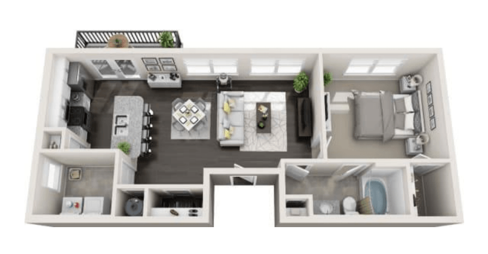 A 3D floor plan of a house with a kitchen, living room, and bathroom.