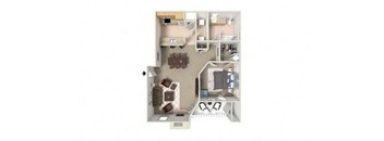 two bedrooms with a kitchen and a living room