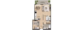 A floor plan of a small apartment with a kitchen, living room, and bathroom.