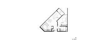 A floor plan of an apartment with a kitchen, living room, and bathroom.