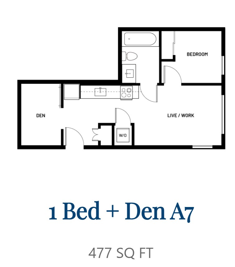 A floor plan of a 1 Bedroom apartment with a Den is shown.