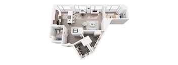 A top-down view of a modern, well-lit, and spacious living area with a kitchen, dining table, and a cozy seating area.