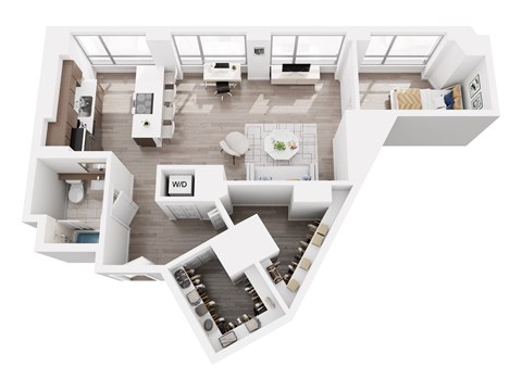 A top-down view of a modern, well-lit, and spacious living area with a kitchen, dining table, and a cozy seating area.