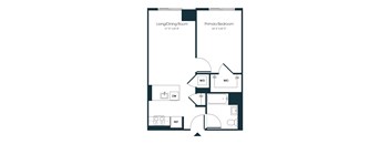 A floor plan of a small apartment with a living/dining room, primary bedroom, and a kitchenette.