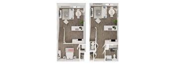 A top-down view of a modern apartment with a kitchen, living room, and bedroom.