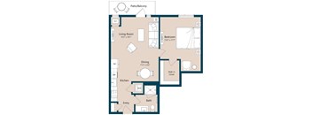 A 2D rendered image of a modern apartment.