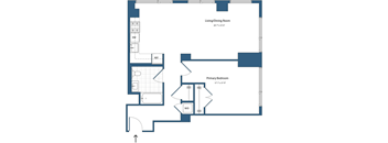 A floor plan of a living/dining room and a primary bedroom.