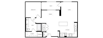 A black and white floor plan of a house with a bedroom, bathroom, dining area, kitchen, living room, pantry, and closets.