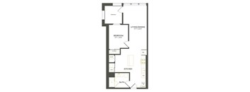 A floor plan of a home with a living/dining area, kitchen, bathroom, and bedroom.