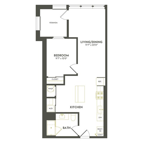 A floor plan of a home with a living/dining area, kitchen, bathroom, and bedroom.
