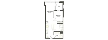 A floor plan of a house with a living room, dining room, bedroom, kitchen, and bathroom.